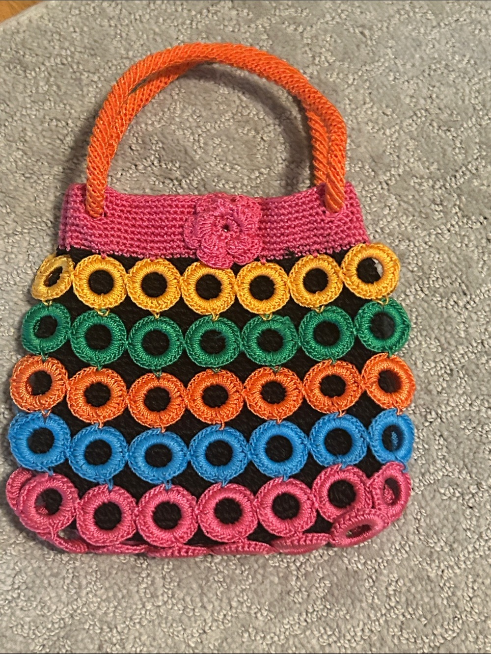 Handmade Multicolor Crochet Mini Bag — Pink & Orange Accent